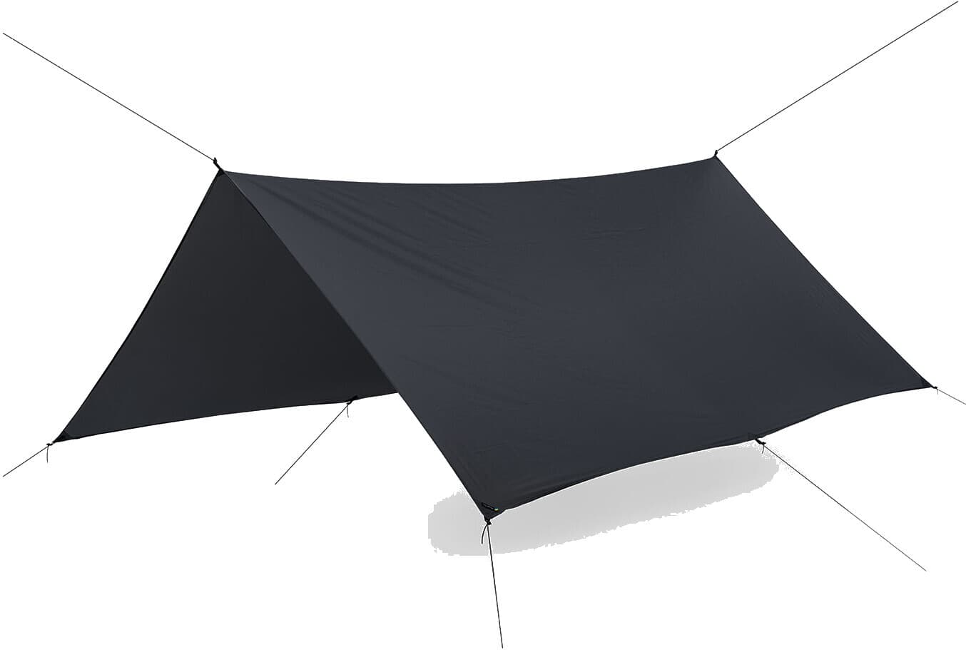 Black ultralight tarp pitched with guy lines