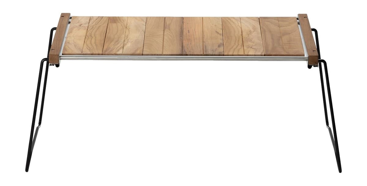 Low camp table with a wooden top and black wire legs