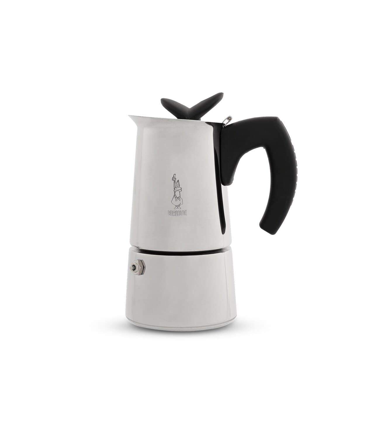 Stainless steel moka pot with a black handle